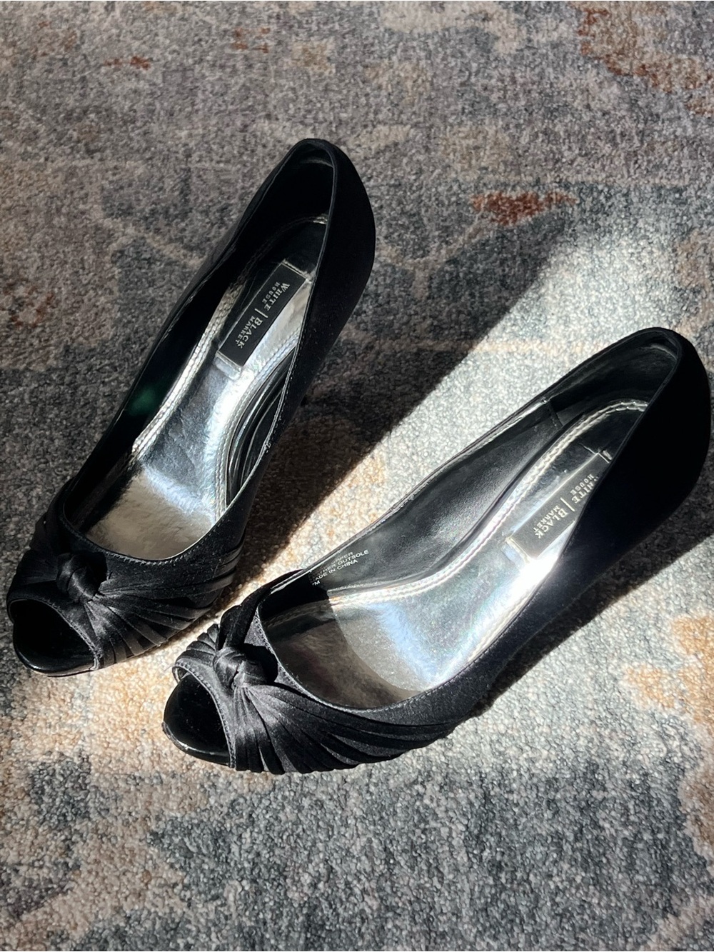 White House Black Market Black Satin Peep-Toe Knot Pumps